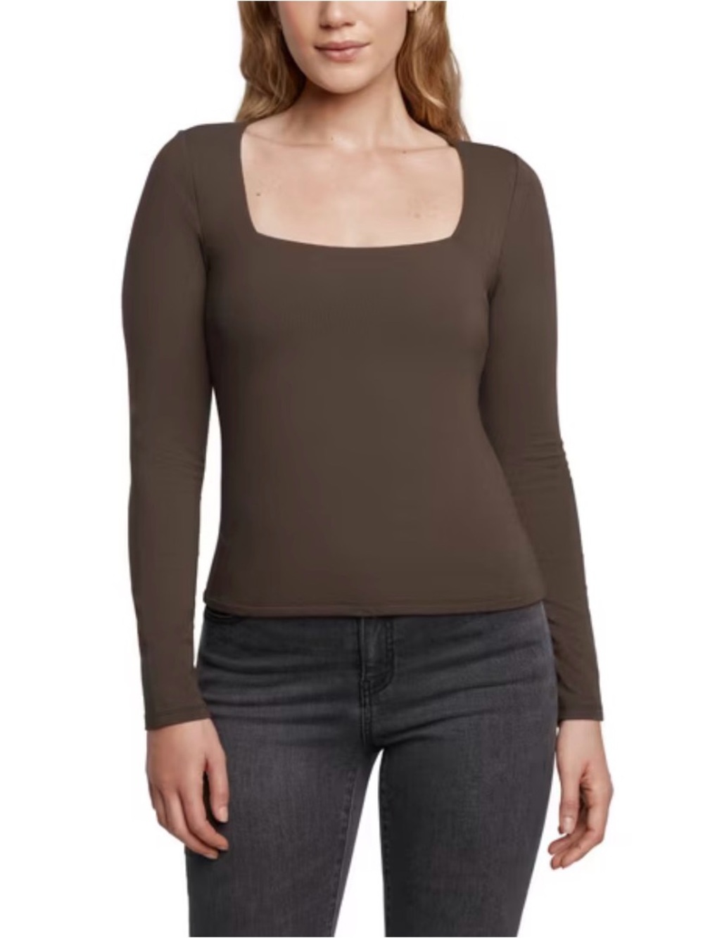 Express Brown Square-Neck Long Sleeve Top